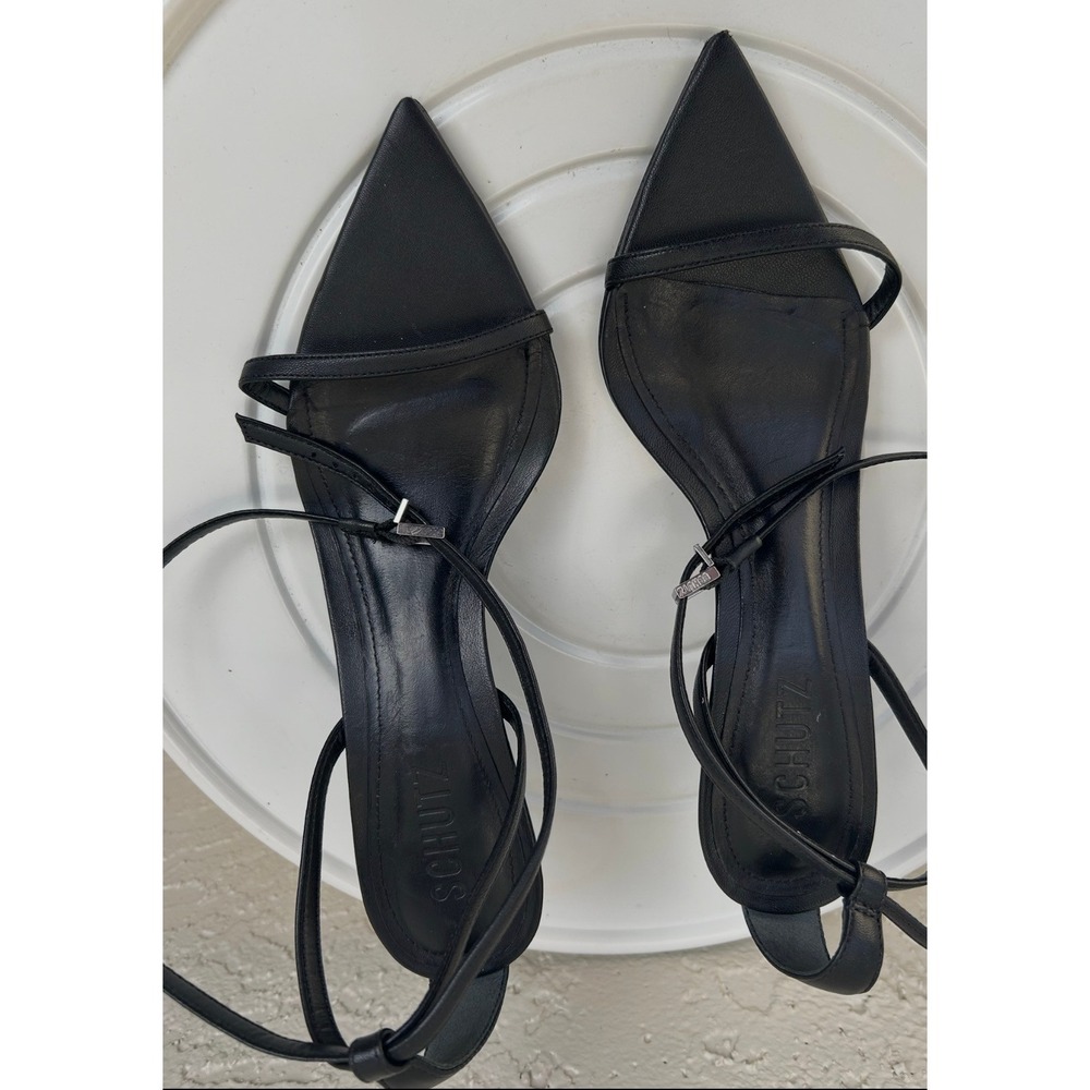 Schutz Black Leather Pointed Toe Strappy Kitten Heel Sandals Size 37